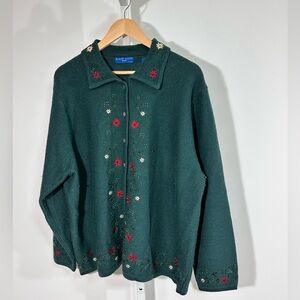 KAREN SCOTT SPORT Embroidered Wool Cardigan – Forest Green – Plus 2XL
